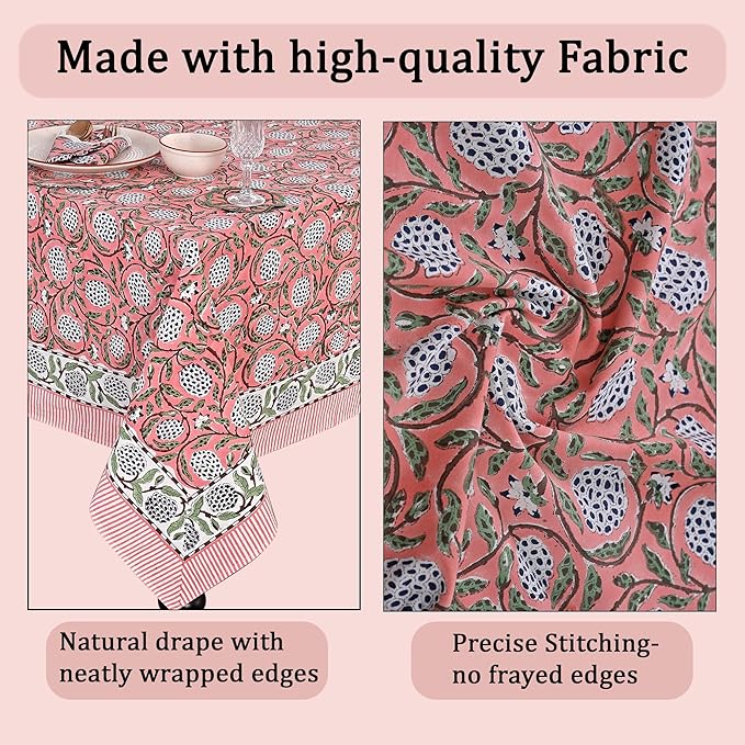 Ridhi Hand Block Print Dark Salmon Pink Rectangle Cotton Tablecloth 90" x 60" Reusable Table Cover Decorative Everyday Use for Dining, Farmhouse, Home Gift for Spring, Easter, Valentine