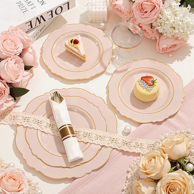 Liacere 350PCS Pink Plates Disposable-PinK Plates 50guest Baroque Plastic Dinnerware include 100Plates, 50Pack Pre Rolled Napkins with Silverware 50Cups Perfect for Valentine's Day＆Galentines Day