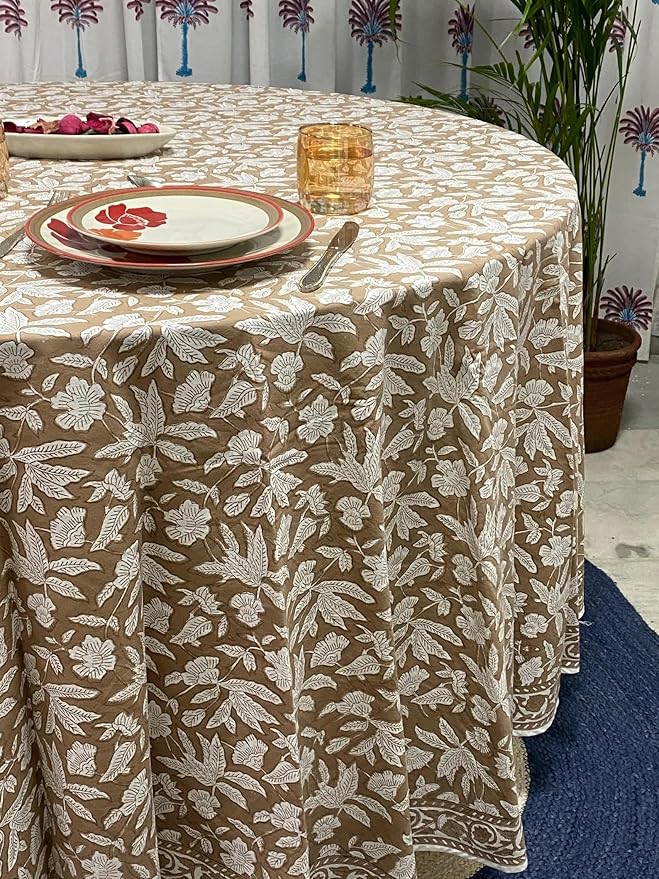 Ridhi Block Print Round Oak Brown Reusable Tablecloth 100% Cotton 110" Inch Decorative Table Cover eveyday Dining, Home, Party, Wedding, Farmhouse Gift for Spring, Easter, Valentine