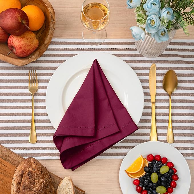 Blue Needles Set of 6 Hemstitch Linen Napkins 100% Cotton Burgundy Cloth Dinner Napkins 18x18 inches, Soft, Reusable, Absorbent, Washable, Ideal for Wedding Events, Parties & Everyday Use