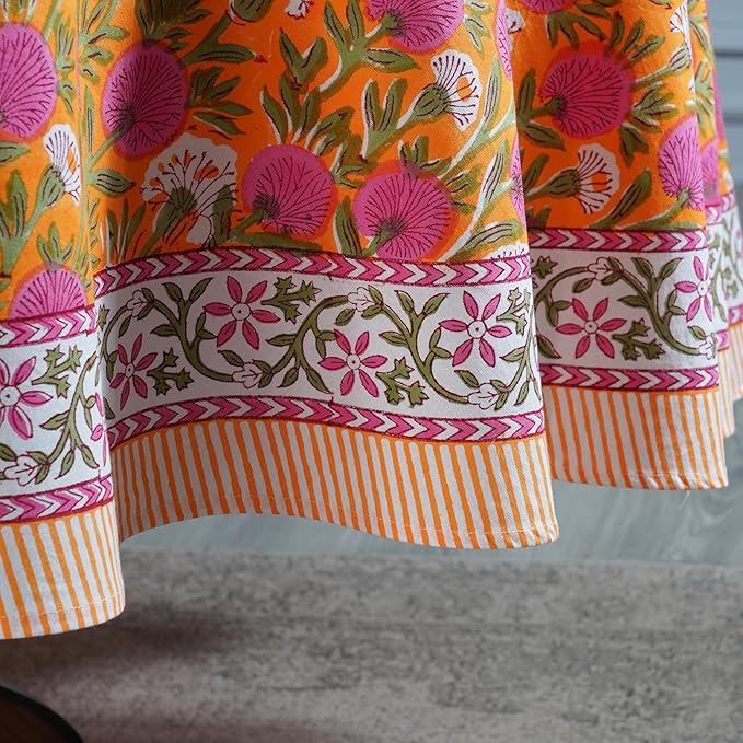 Ridhi Block Print Round Bubblegum Pink Reusable Tablecloth 100% Cotton 60" Inch Decorative Table Cover eveyday Dining, Home, Party, Wedding, Farmhouse Gift for Spring, Easter, Valentine