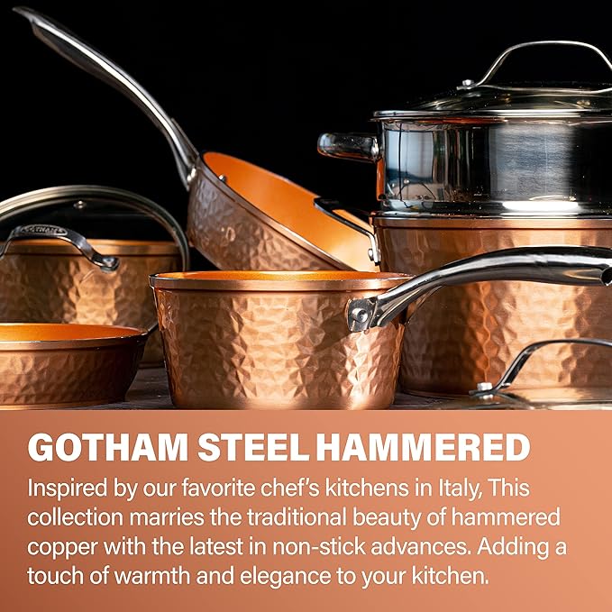 Gotham Steel Hammered 15 Pc Ceramic Cookware Set Nonstick, Induction Pots and Pans Set Non Stick with Bakeware Set & Steamer for Cooking, Non Toxic PFOA PFOS Free, Oven & Dishwasher Safe - Copper