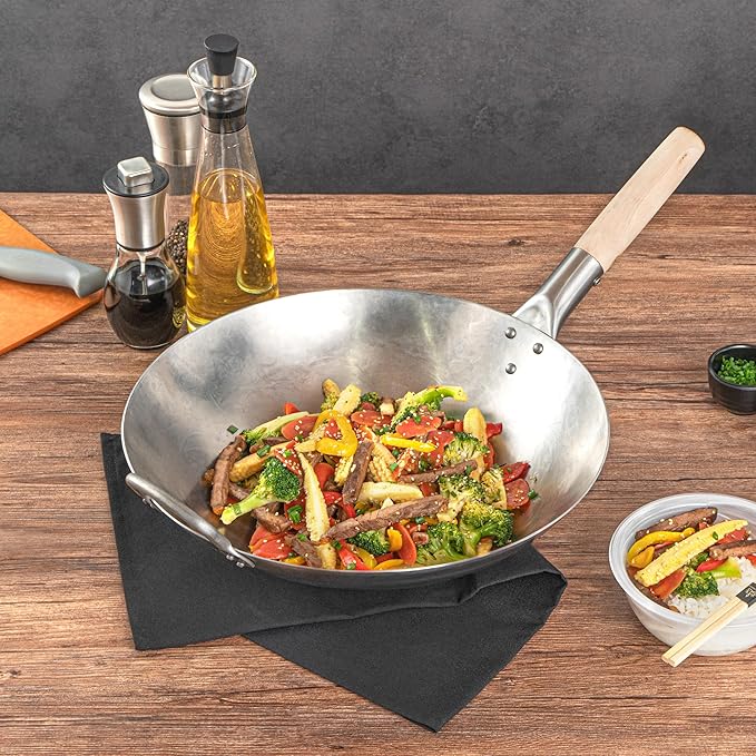 Motomori 14 Inch Hand-Hammered Carbon Steel Wok, 1 Traditional Japanese Wok - Round Bottom, Wooden Handle, Black Carbon Steel Traditional Stir Fry Pan, With Helper Handle - Restaurantware