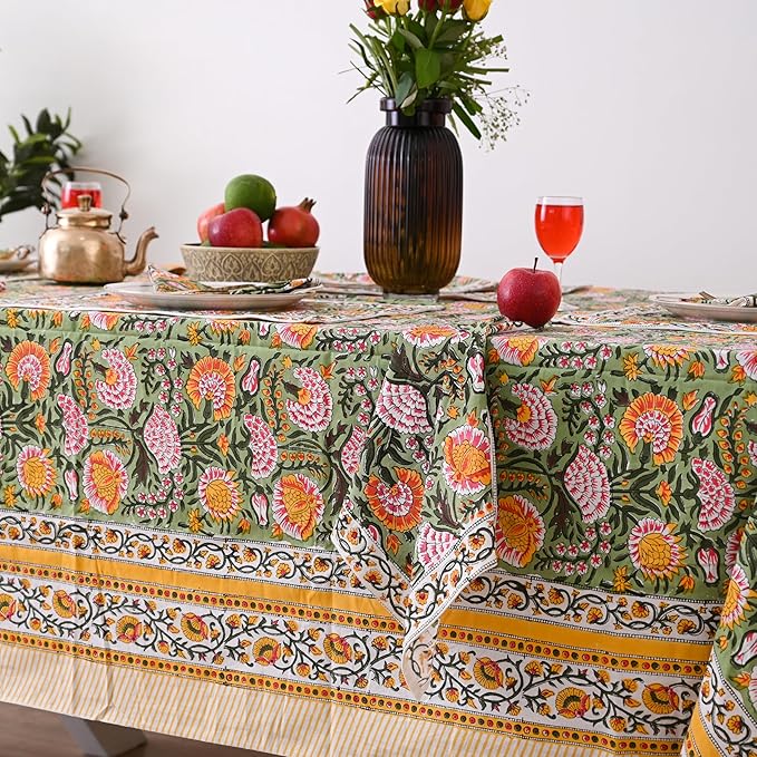 Hand Block Printed Cotton Tablecloth Elegant Floral Design,Dining Table Kitchen, Parties Home Decor, Wall Tapestry (Daisy Sunshine, 12 Seater 72 x 135 Inches Rectangle)