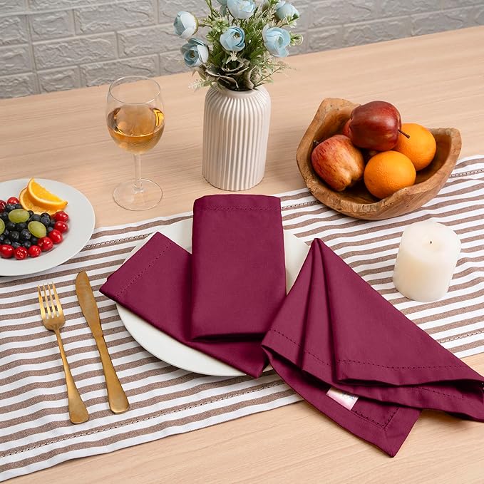 Blue Needles Set of 6 Hemstitch Linen Napkins 100% Cotton Burgundy Cloth Dinner Napkins 18x18 inches, Soft, Reusable, Absorbent, Washable, Ideal for Wedding Events, Parties & Everyday Use