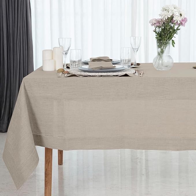 D'Moksha Homes Natural Linen Tablecloth for Rectangle Tables 60 x 90 Inch - 100% Pure Linen Natural Table Cloth - Classic Hemstitch, Machine Washable Tablecloth for Valentines, Spring, Easter