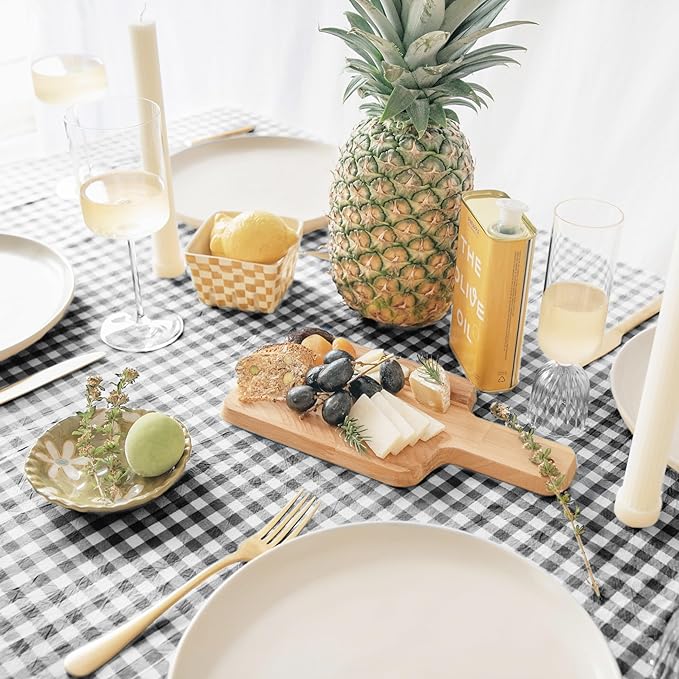 MONDAY MOOSE Gingham Checkered Farmhouse Rustic Picnic Style Decoration Rectangle Natural Stonewashed Cotton Tablecloth for Kitchen, Dining Room, Restaurant (55x70 inch, Black/White)