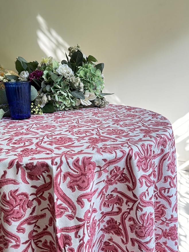 ATOSII Red Bloom 100% Cotton Round Tablecloth, Handblock Print Floral Table Cloth for Kitchen Dining Linen I Parties, Weddings, Outdoors, Easter, Thanksgiving I Fall Home Decor 72" Inches Round