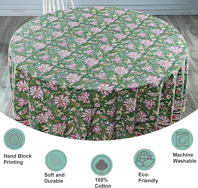Ridhi Block Print Round Hunter Green Reusable Tablecloth 100% Cotton 60" Inch Decorative Table Cover eveyday Dining, Home, Party, Wedding, Farmhouse Gift for Spring, Easter, Valentine