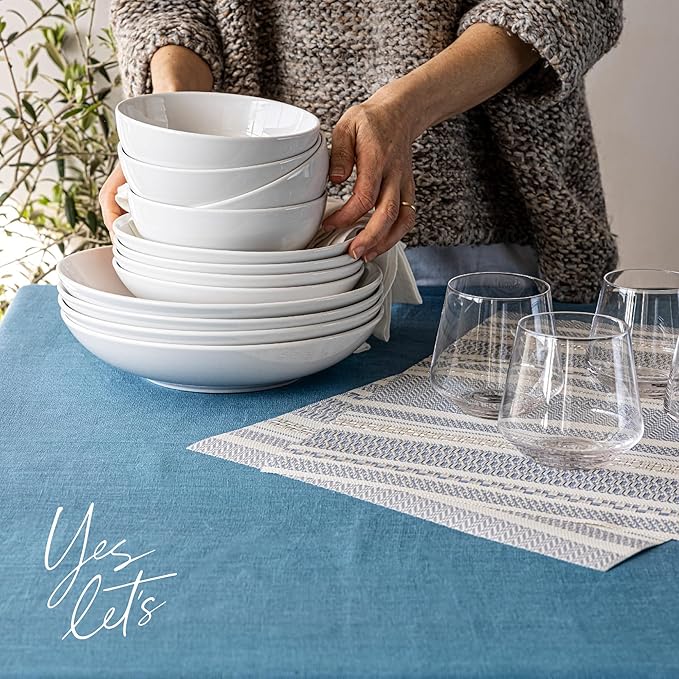 Over&Back 100%-Linen Woven Tablecloth - Colorful Dining Room Table Cover - Mitered Corner Hems - Machine Washable - Kitchen and Home Decor - Blue - 70x90
