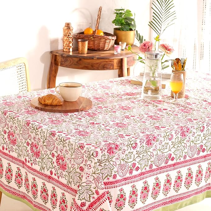 Hand Block Printed Table Cover - Exquisite Design, Premium Cotton Fabric, Perfect for Dining and Decor, Dining Table Linen (Peach Rose Bloom, 12 Seater 72 x 135 Inches Rectangle)