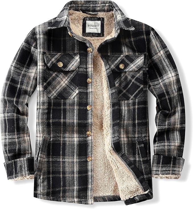 Men's Cotton Sherpa Lined Button Down Flannel Shirt Jacket Plaid Soft Outdoor Flannel Jacket Shirt