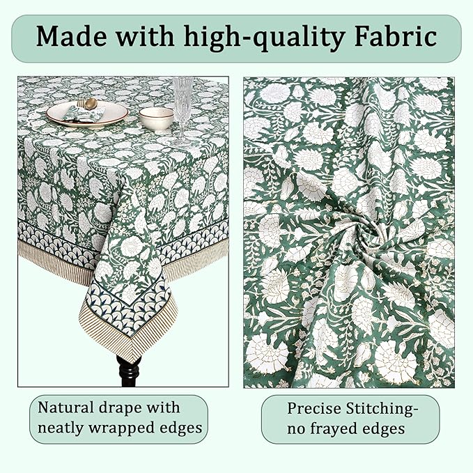 Ridhi Hand Block Print Turquoise Moss Green Rectangle Cotton Tablecloth 90" x 60" Reusable Table Cover Decorative Everyday Use for Dining, Farmhouse, Home Gift for Spring, Easter, Valentine