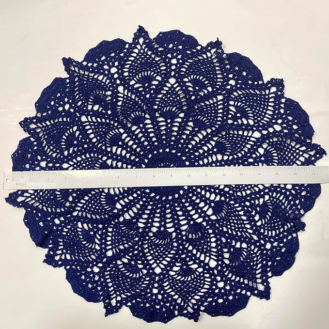 BIBITIME Lace Placemats Table Doilies Round Handmade Crochet Doily Kitchen Coffee Cup Mug Mats Dinner Place Mats (16 to 17.5 inches-2PCS, Deep Blue)