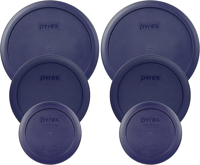 Pyrex (2) 7402-PC 6/7-Cup, (2) 7201-PC 4-Cup, & (2) 7200-PC 2-Cup Blue Plastic Lid Covers - Original Genuine Pyrex - Made in the USA
