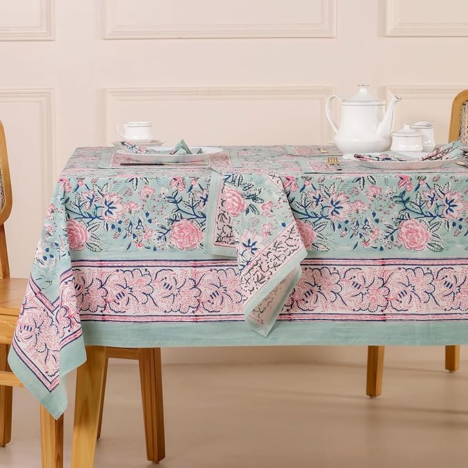 Hand Block Printed Table Cover - Exquisite Design, Premium Cotton Fabric, Perfect for Dining and Decor, Dining Table Linen(Mint Green,10 Seater 72 x 118 Inches Rectangle)