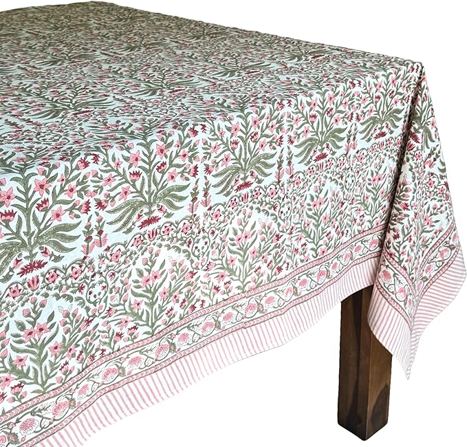 ATOSII Nargis Pink 100% Cotton Rectangle Boho Spring Summer Tablecloth, Handblock Floral Table Cloth Linen for Kitchen Dining I Parties Wedding Outdoors Easter I 72 X 120 Inches I 10 Seater