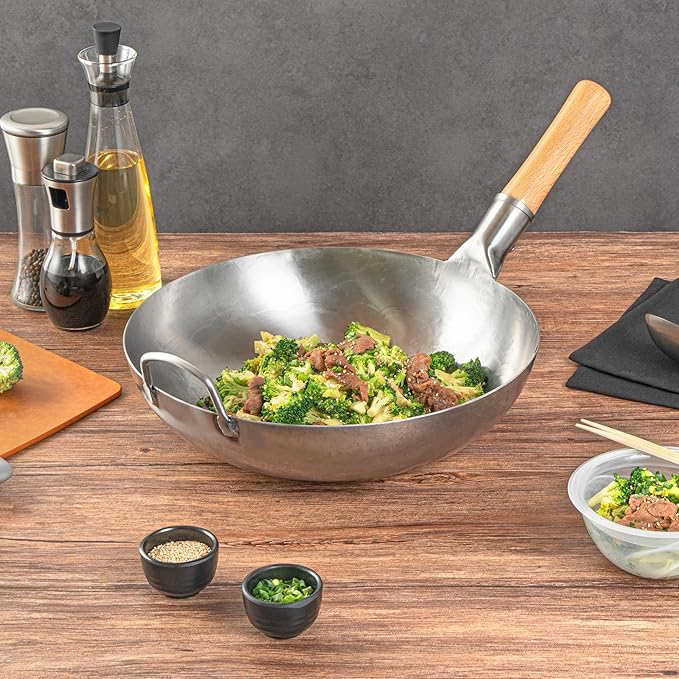 Motomori 14 Inch Hand-Hammered Carbon Steel Wok, 10 Traditional Japanese Wok - Flat Bottom, Wooden Handle, Black Carbon Steel Traditional Stir Fry Pan, With Helper Handle - Restaurantware