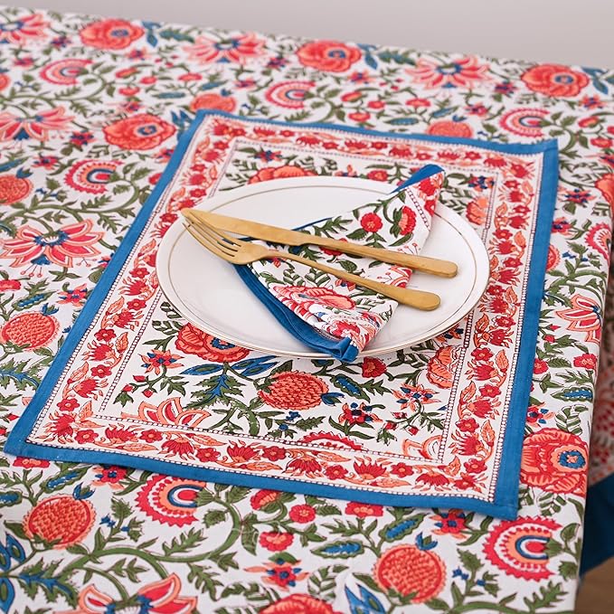 Hand Block Printed Cotton Tablecloth Elegant Floral Design Perfect for Dining Table Kitchen Parties Home Decor, Wall Tapestry (Peach Floral, 8 Seater 72 x 108 Inches Rectangle)
