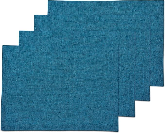 Solino Home Linen Placemats Set of 4 - Chambray Teal Placemats 14 x 19 Inch - 100% Pure Linen Table Mats for Spring, Easter, St Patricks Day - Athena