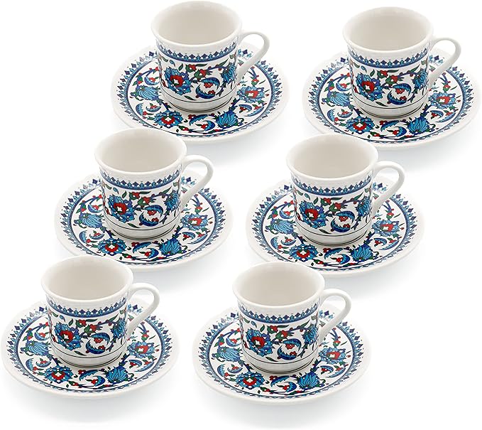 Turkish Coffee Cup Set of 6 with Saucers & Holder – Ceramic, Dishwasher-Safe, Keeps Warm – Patterned Turkish Espresso Cups Set for Home & Office (Set Of 6)