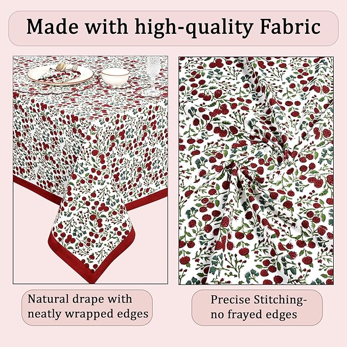 Ridhi Hand Block Print Garnet Red Rectangle Cotton Tablecloth 160" x 72" Reusable Table Cover Decorative Everyday Use for Dining, Farmhouse, Home Gift for Spring, Easter, Valentine