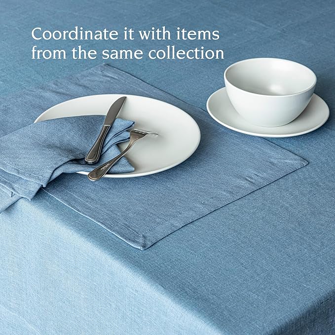 Over&Back 100%-Linen Woven Tablecloth - Colorful Dining Room Table Cover - Mitered Corner Hems - Machine Washable - Kitchen and Home Decor - Blue - 70x90