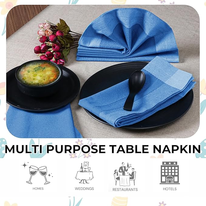 Bedding Craft Cotton Cloth Dinner Napkins Set of 12 – 20x20 Teal Blue Multi Double Hemstitched – Machine Washable Wedding & Party Fabric Table Napkins