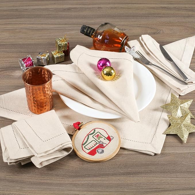 Lightnpro Flax Linen Napkins Set of 12, Hemstitched Dinner Cloth Napkins, Washable and Reusable for Dining, Parties, Weddings, Holiday & Everyday Use – 18x18 Inch Natural Color