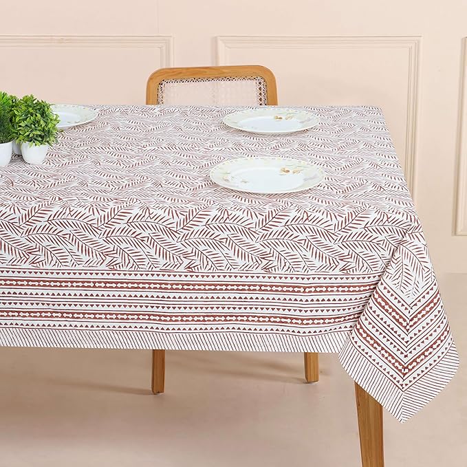 Handblock Print Cotton Tablecloth – 70×130 Rectangular Table Cover Seats 8-10 – Indian Block Printed Floral Dining Table Linen – Boho Washable Cloth for Kitchen, Party, Outdoor, Brown