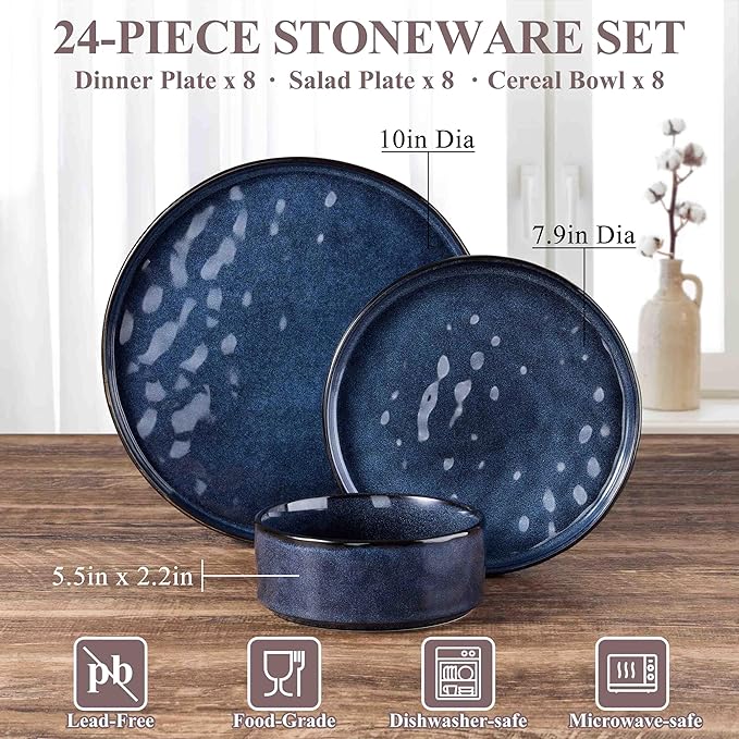 Herogo 24 Pieces Dinnerware Sets for 8, Plates and Bowls Sets for Home Serving, Stoneware Dining Dishes, Dishwasher & Microwave Safe, Starry Blue