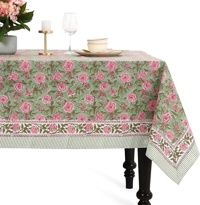 CPC Tablecloth 100% Cotton 70x108 Inch Indian Block Print Rectangle Table Cover, Gray Table Cloth for Weddings, Spring/Summer, Barbeque - Pink Tourmaline