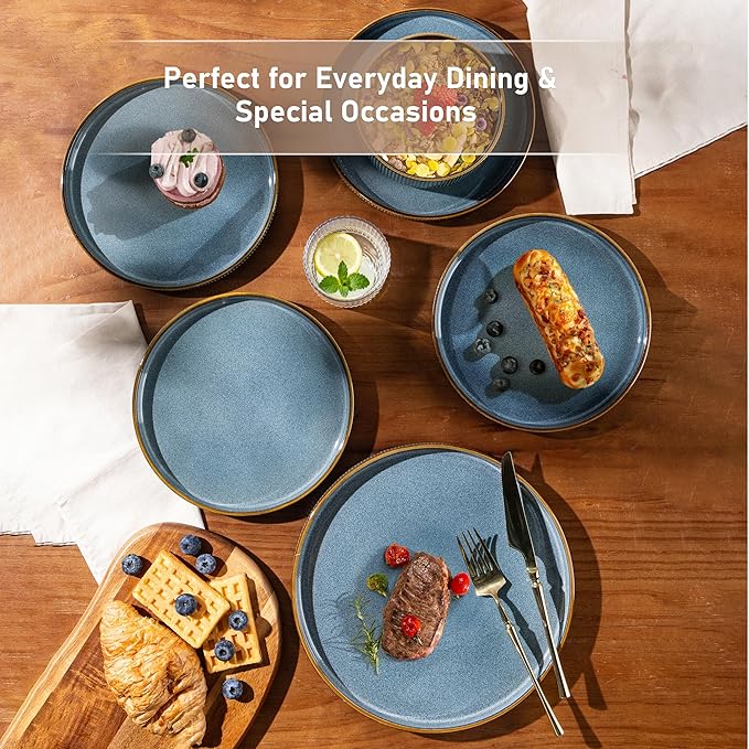 GBHOME 24-Piece Stoneware Dinnerware Set for 8 – Ribbed Ceramic Plates and Bowls, Scratch-Resistant, Microwave & Dishwasher Safe, Reactive Glaze, Deep Ocean