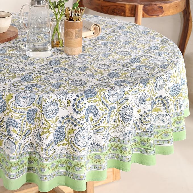 Hand Block Printed Table Cover - Exquisite Design, Premium Cotton Fabric, Perfect for Dining and Decor, Dining Table Linen(Moss Green,6 Seater 72 Inches Round)
