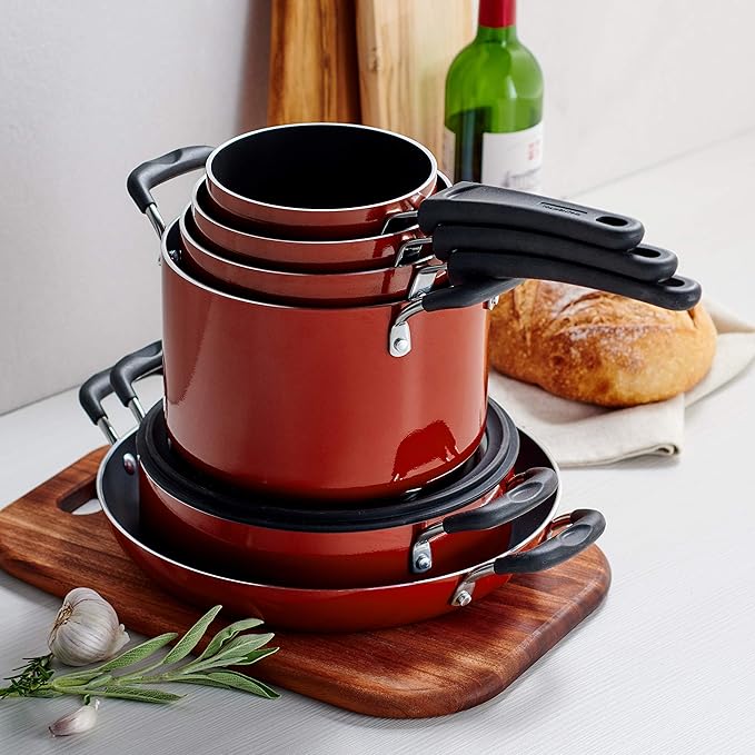 Tramontina Aluminum Non Stick 11-Piece Nesting Pots and Pans Set with Lids - Red, Kitchen Nonstick Cookware Set, Dishwasher and Oven Safe
