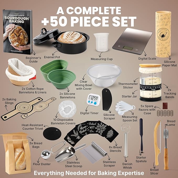 Super Deluxe All-Inclusive 𝗣𝗥𝗘𝗠𝗜𝗨𝗠 Sourdough Starter Kit with Pot. Sourdough Bread Baking Supplies, Scale, Oval & Round Baking Slings, 4 proofing Baskets, Bowl, Timer, Beginner Guide & Recipes