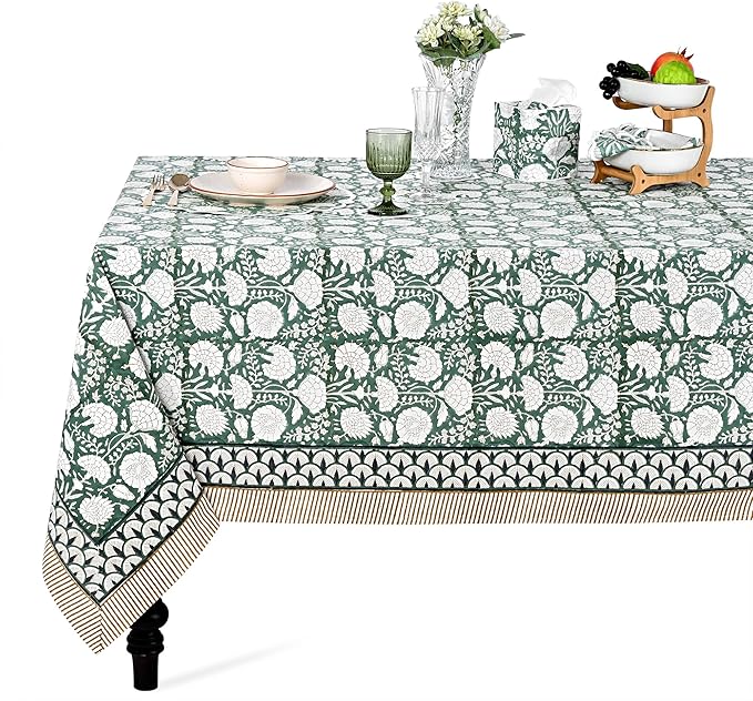 Ridhi Hand Block Print Turquoise Moss Green Rectangle Cotton Tablecloth 190" x 72" Reusable Table Cover Decorative Everyday Use for Dining, Farmhouse, Home Gift for Spring, Easter, Valentine