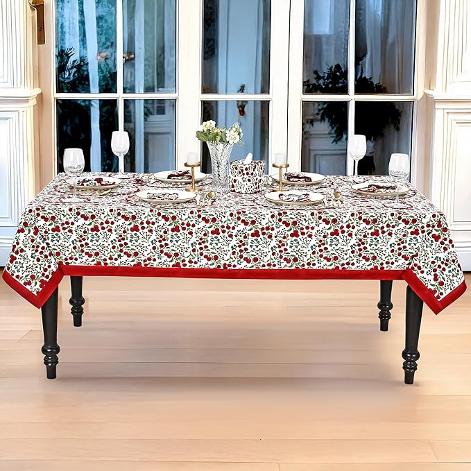 Ridhi Garnet Red and Emerald Green Indian Floral Hand Block Printed Cotton Cloth Tablecloth, Table Cover, Farmhouse Thanksgiving Christmas 4 Seater 60x60 Inches Square
