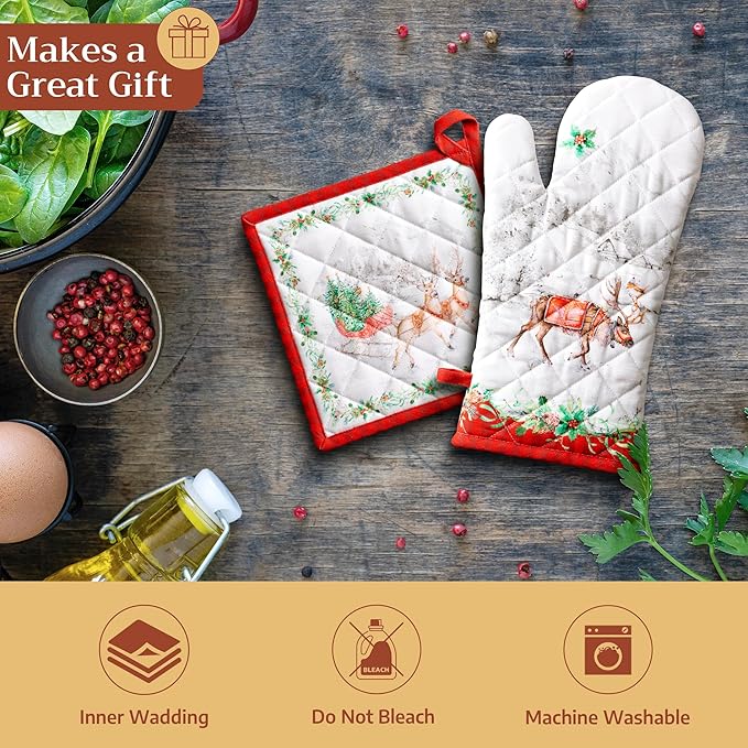 Maison d' Hermine Oven Gloves 100% Cotton Oven Mitt 7" x 13" with Loop Heat Resistant Cooking Gloves for Thanksgiving Christmas Decorations Baking Handling Hot Pans (Pack of 1, Christmas Tradition)
