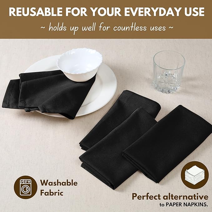 Native Fab Black Cloth Napkins, Set of 4, 17x17 inches, 100% Cotton, Washable, Reusable Fabric Linen, Table Decor Napkins for Dinner, Events, Parties, Wedding - Black