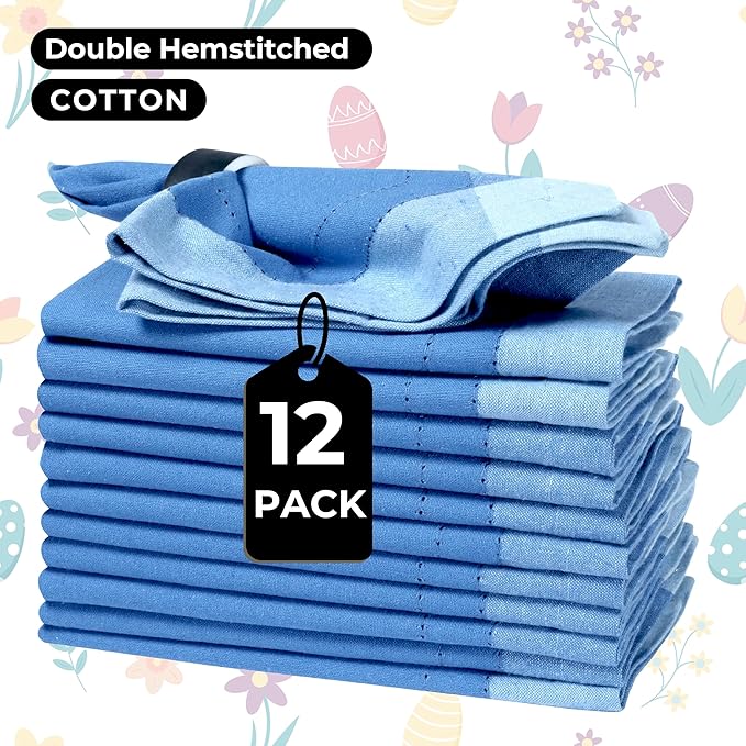 Bedding Craft Cotton Cloth Dinner Napkins Set of 12 – 20x20 Teal Blue Multi Double Hemstitched – Machine Washable Wedding & Party Fabric Table Napkins