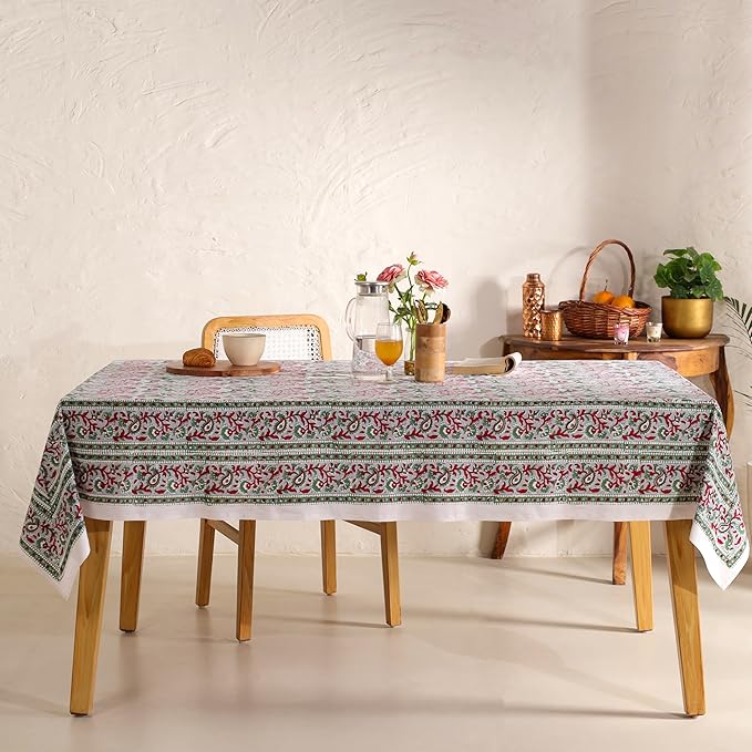 Hand Block Printed Table Cover - Exquisite Design, Premium Cotton Fabric, Perfect for Dining and Decor, Dining Table Linen (Stone Green Blossom, 6 Seater 60 x 90 Inches Rectangle)