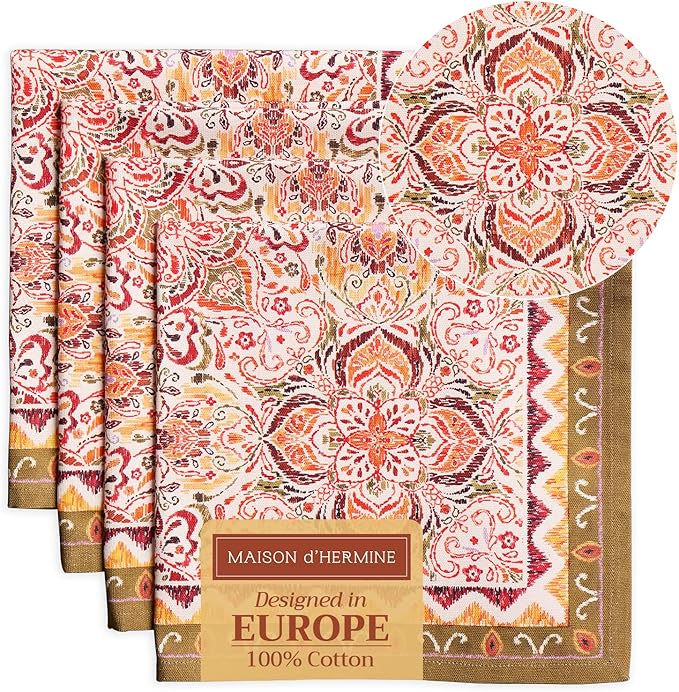 Maison d' Hermine Cloth Napkins Set of 4 100% Cotton for Thanksgiving Christmas Decorations Everyday Reusable Square Fall Napkins Cloth Washable Dinner Party (Damask, 20"x20")