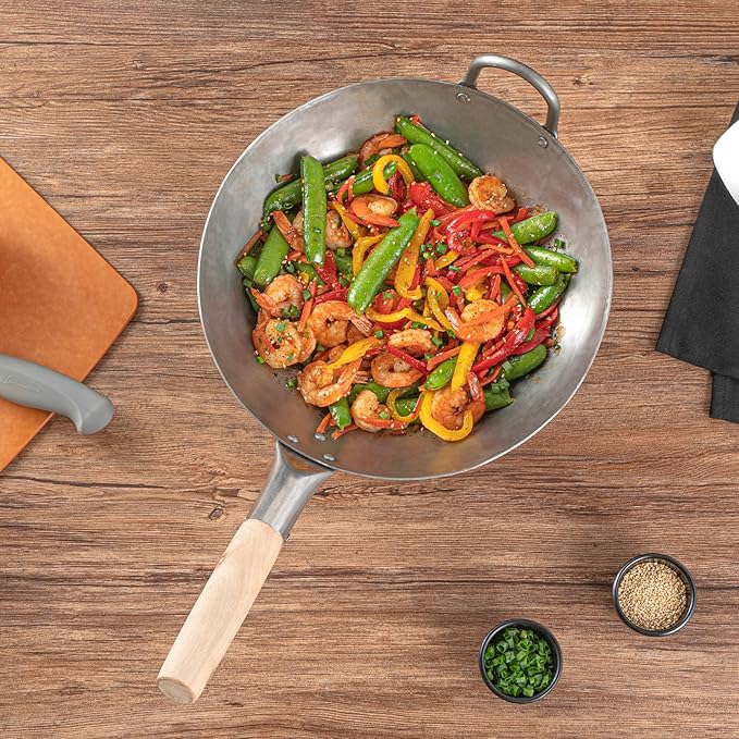 Motomori 12 Inch Hand-Hammered Carbon Steel Wok, 1 Traditional Japanese Wok - Round Bottom, Wooden Handle, Black Carbon Steel Traditional Stir Fry Pan, With Helper Handle - Restaurantware