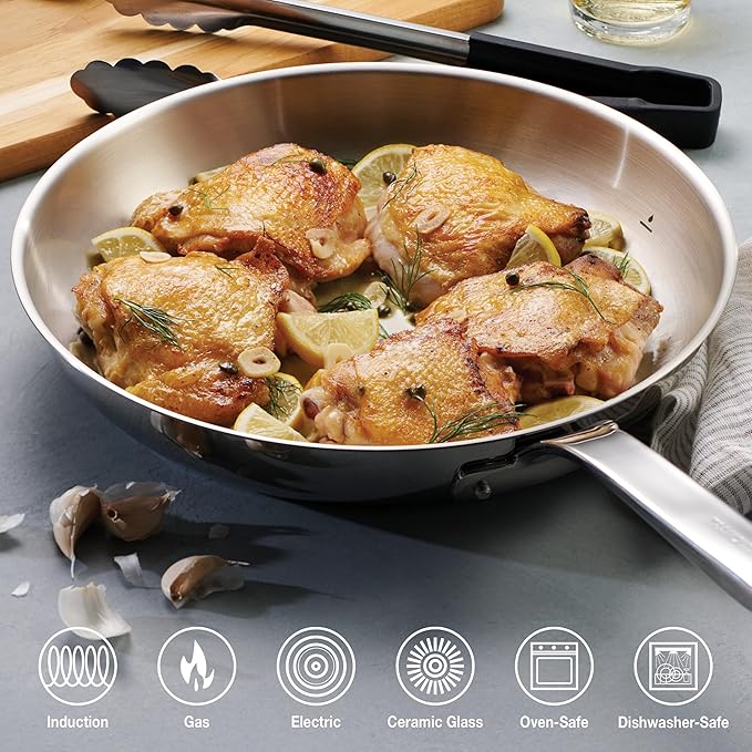 Tramontina Tempo Tri-Ply Base Stainless Steel 12-Inch Large Frying Pan, Induction-Ready Skillet, Oven-Safe, Dishwasher-Safe