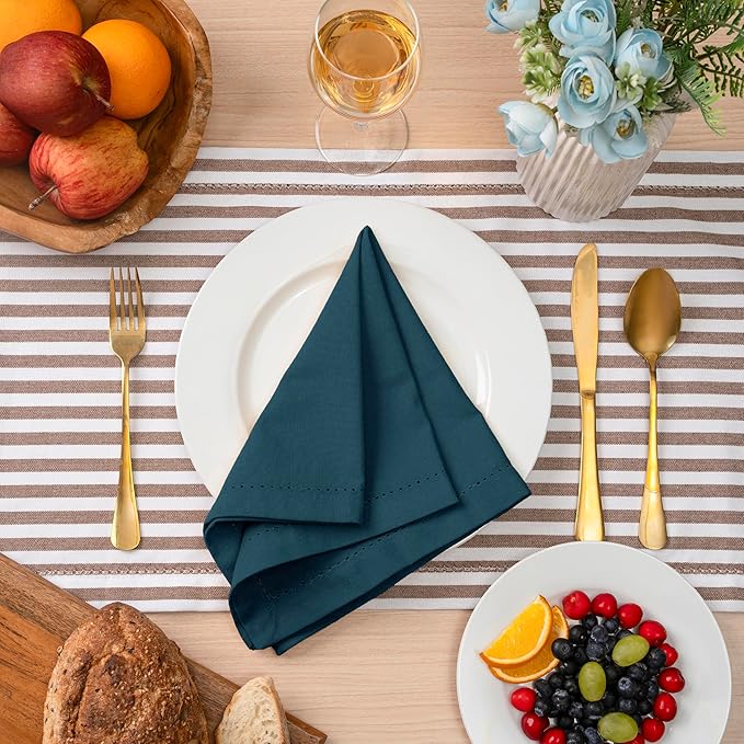 Blue Needles Set of 12 Hemstitch Linen Napkins 100% Cotton Crystal Teal Cloth Dinner Napkins 18x18 inches, Soft Reusable Absorbent Washable, Ideal for Wedding Events, Parties & Everyday Use