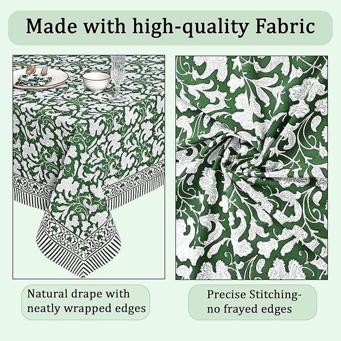 Ridhi Hand Block Print Pantone Artichoke Rectangle Cotton Tablecloth 118" x 70" Reusable Table Cover Decorative Everyday Use for Dining, Farmhouse, Home Gift for Spring, Easter, Valentine