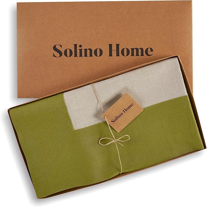 Solino Home Linen Tablecloth 60 x 90 Inch - 100% Pure Linen Avocado and Natural Tablecloth for Rectangle Tables - Contempo, Machine Washable Table Cloth for Winter, St Patricks Day