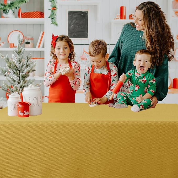 Biscaynebay Textured Fabric Rectangle Christmas Tablecloths 90x132 Inch, Gold Water Resistant Tablecloths for Dining, Kitchen, Wedding, Parties etc. Machine Washable