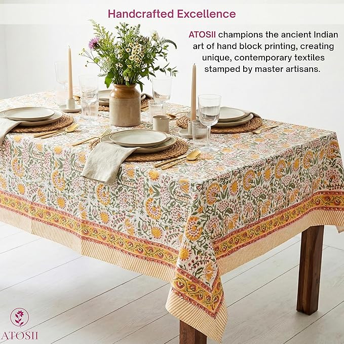 ATOSII Clover Yellow 100% Cotton Rectangle Fall Tablecloth, Handblock Floral Print Linen Table Cloth for Kitchen Dining I Parties, Weddings, Outdoors, Christmas, Thanksgiving Decor 60 X 90 Inches